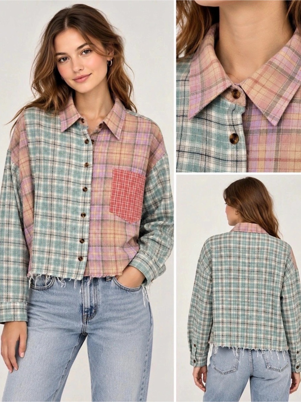 Easel Women's Plaid Frayed Hem Jacket in Green & Pink